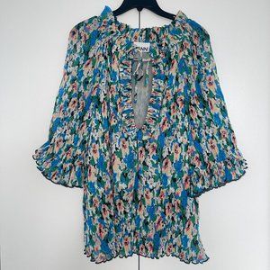 Ganni FR 36 Blue floral-print ruffle blouse